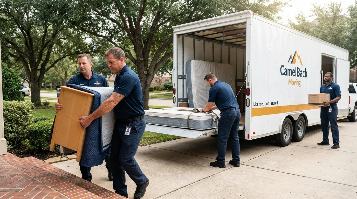 Crew loading residential truck for cross-state move from French Camp, CA
