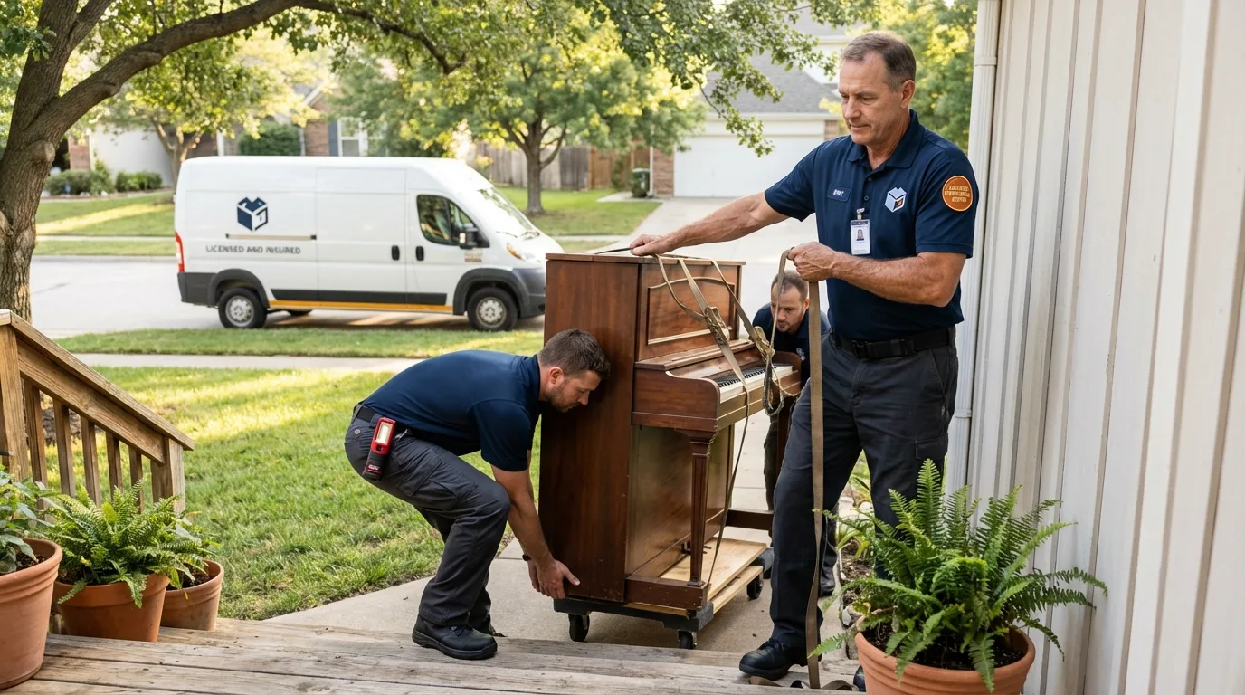 Licensed piano movers securing grand piano in French Camp, CA