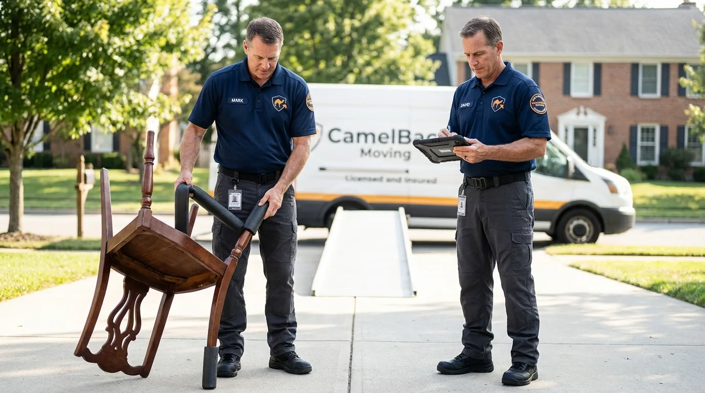 Movers inspecting furniture for damage prevention before loading in French Camp, CA