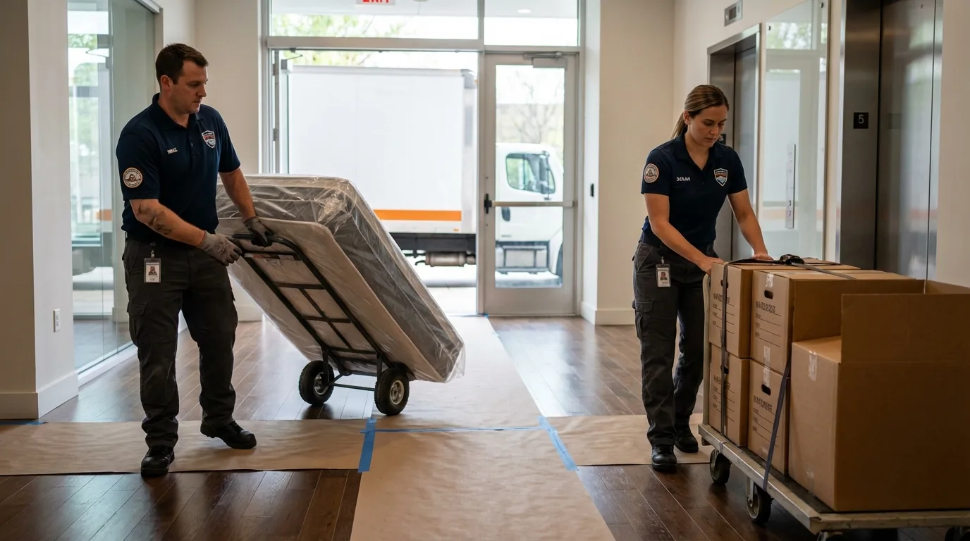 Professional apartment movers loading elevator in French Camp, CA