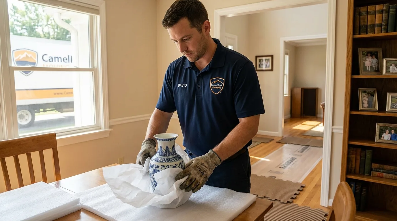 Professional crew carefully wrapping antique vase for senior downsizing move in French Camp, CA